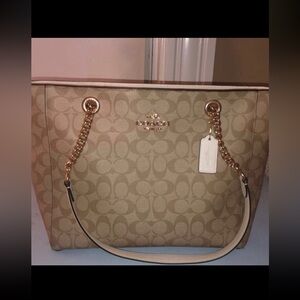 Coach Beige Signature Tote with Gold Accents